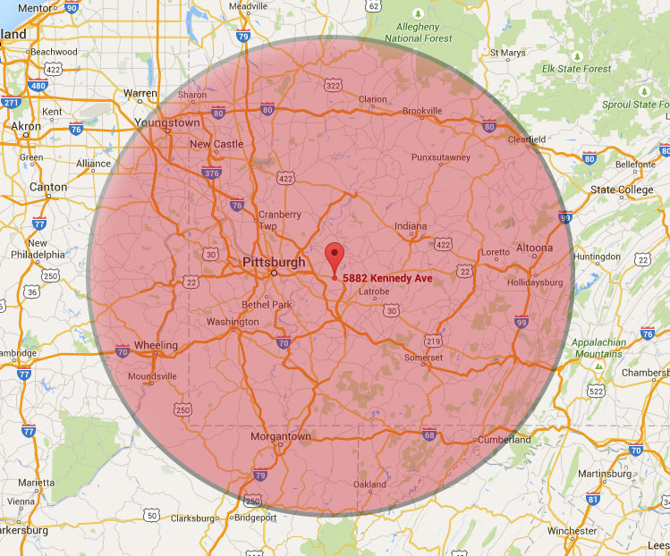 Our approximate work radius. Don't know if we service your area? Call us to find out!